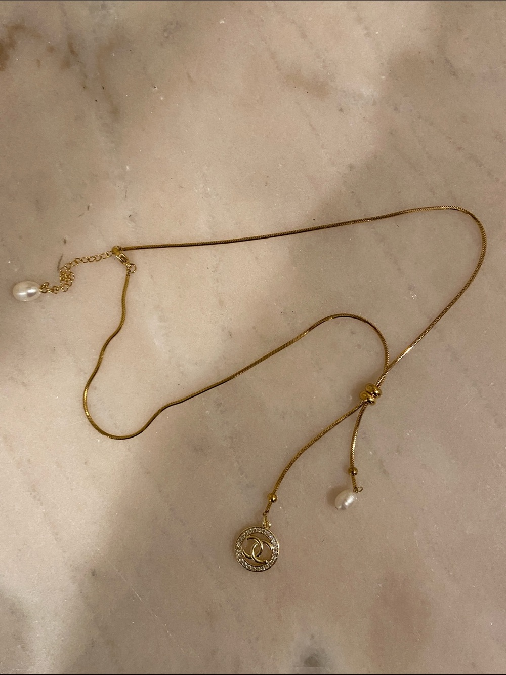 Gold Pearl Drop Necklace And Chanel CC Logo Charm - Picture 6 of 11
